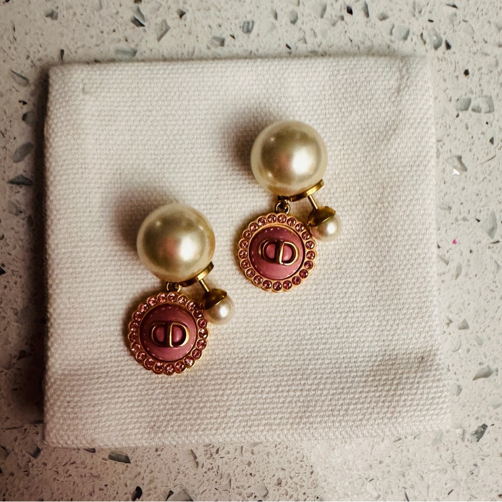 Dior Tribal Pearl Earrings Pink CD Logo Crystal Charm Authentic - Picture 3 of 9